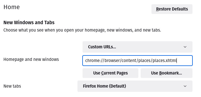Setting the Firefox Library as the default browser start page, Figure E.