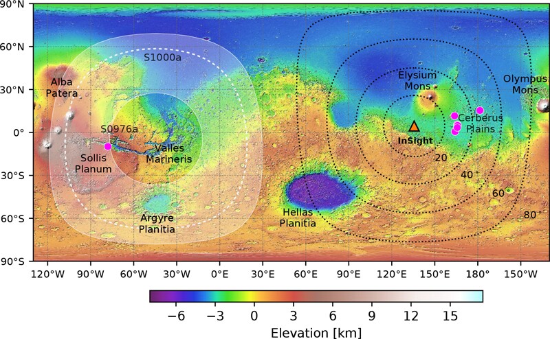 A map indicating the precise location of quake S0976a and the range of locations for S1000a, on the far side of Mars from the InSight lander