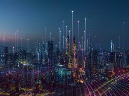 Smart city and abstract dot point connect with gradient line and