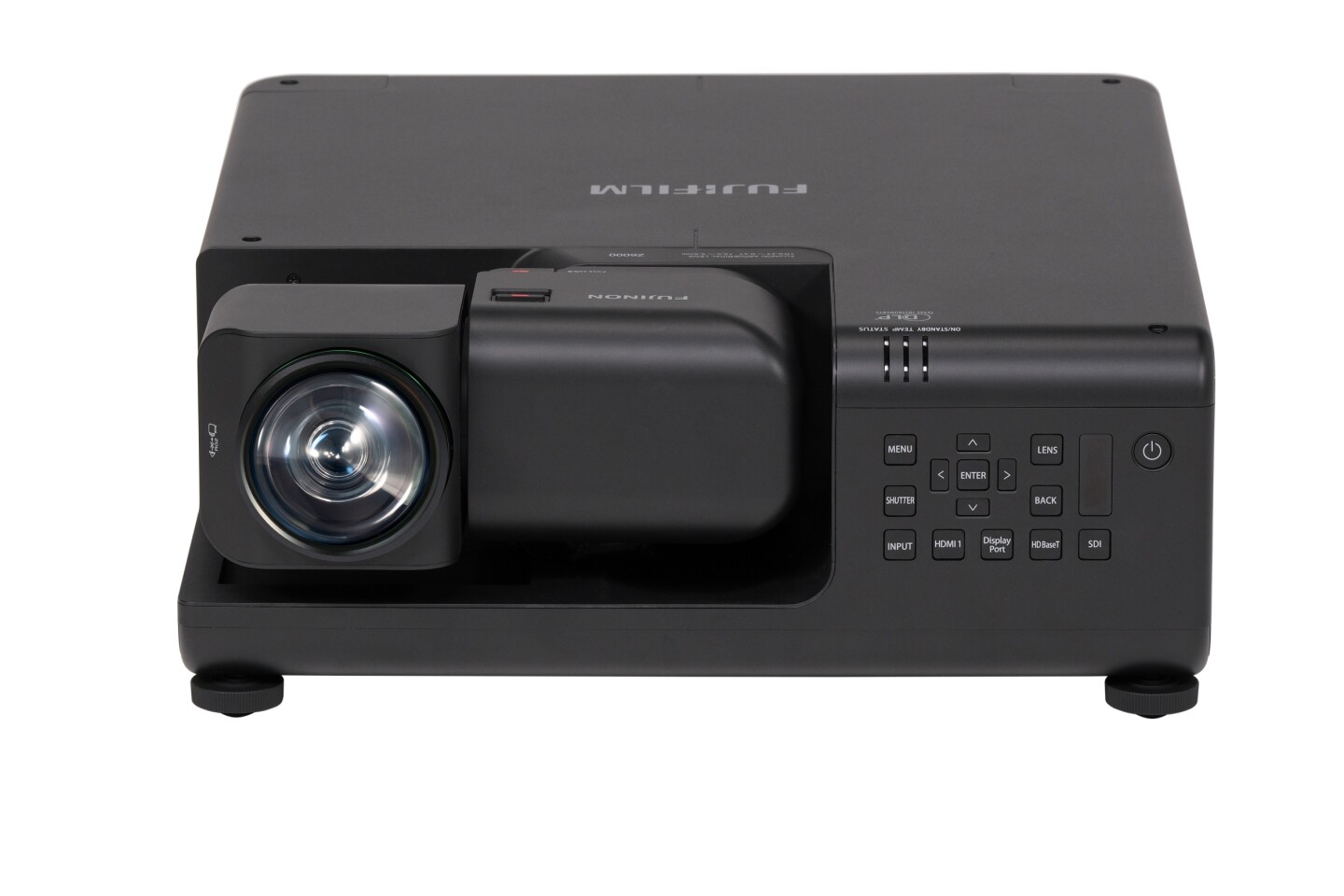 The FP-Z6000 business projector measures 18 x 20 x 6.4 inches when the rotating lens arm is resting within the main housing