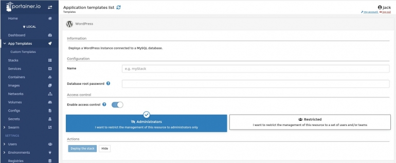 Deploying a WordPress stack from an app template.