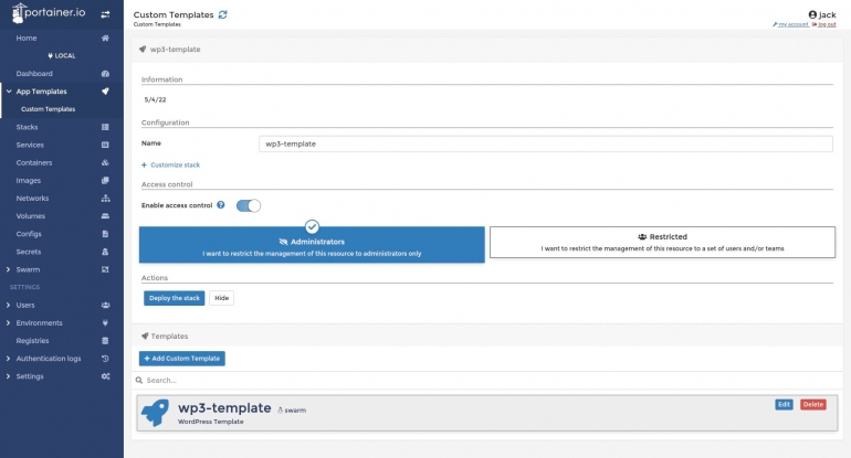 Deploying a new WordPress stack from a custom template.