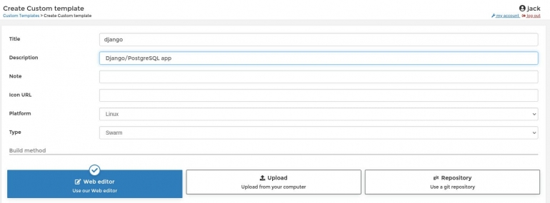 Creating a custom template from scratch in Portainer.