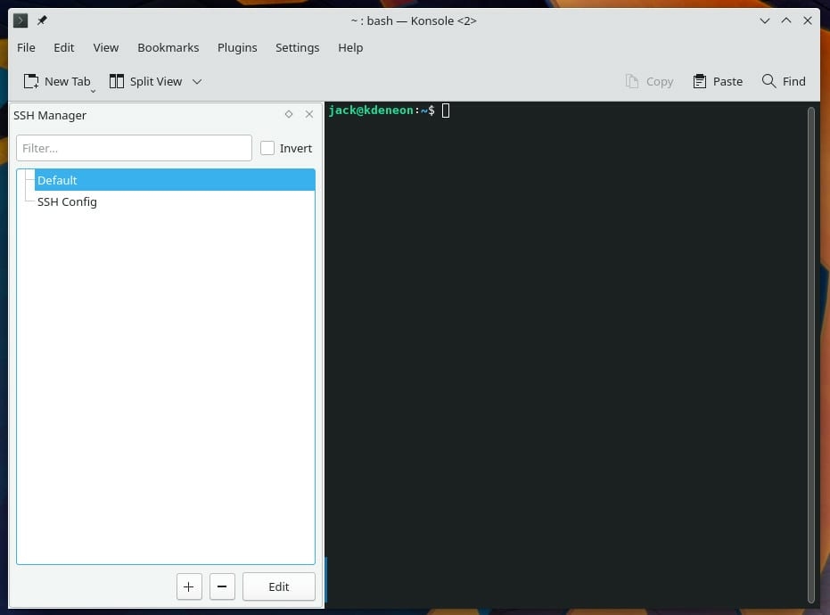 The KDE Konsole SSH Manager has been enabled.