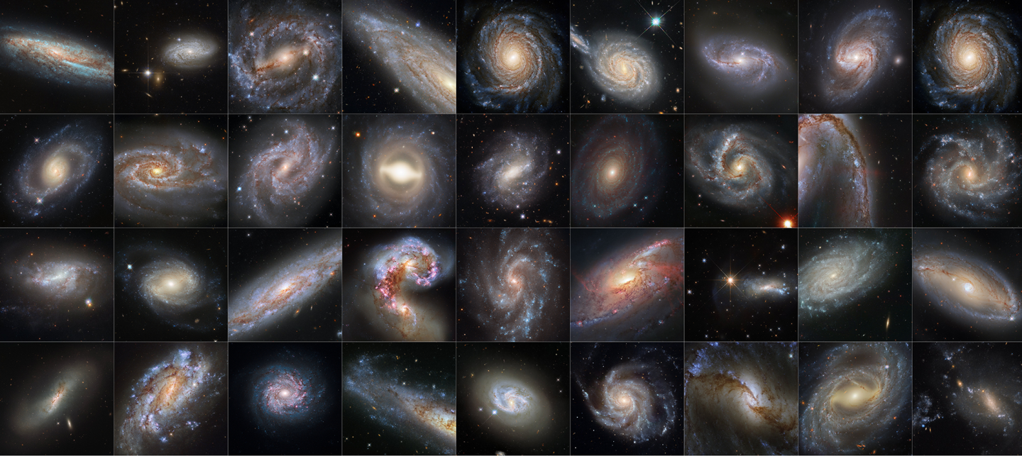 These 36 galaxies, imaged by Hubble, all contain both Cepheid stars and Type Ia supernovae, the two main markers used to calculate the Hubble constant