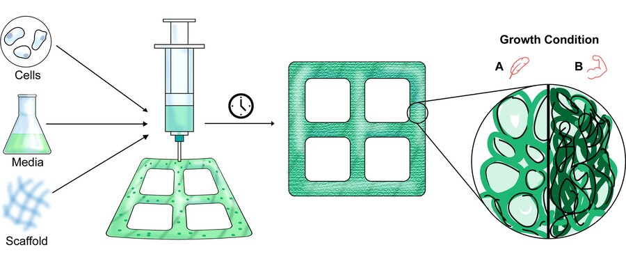 A diagram illustrating how plant cells can be cultured and 3D printed into custom shapes, with different strengths based on different levels of added hormones