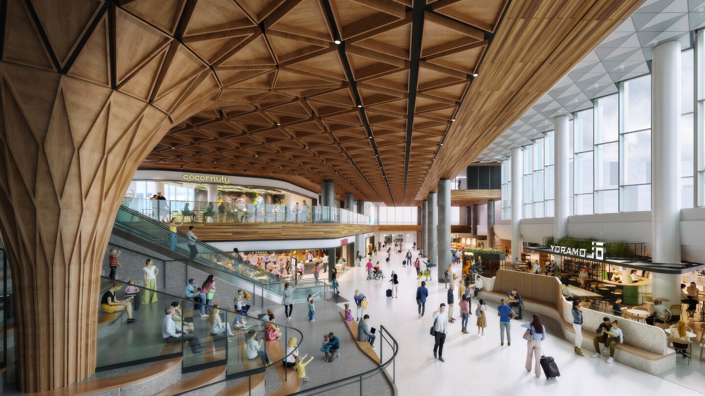 The C Concourse Expansion's interior will be defined by its use of locally sourced Douglas fir wood
