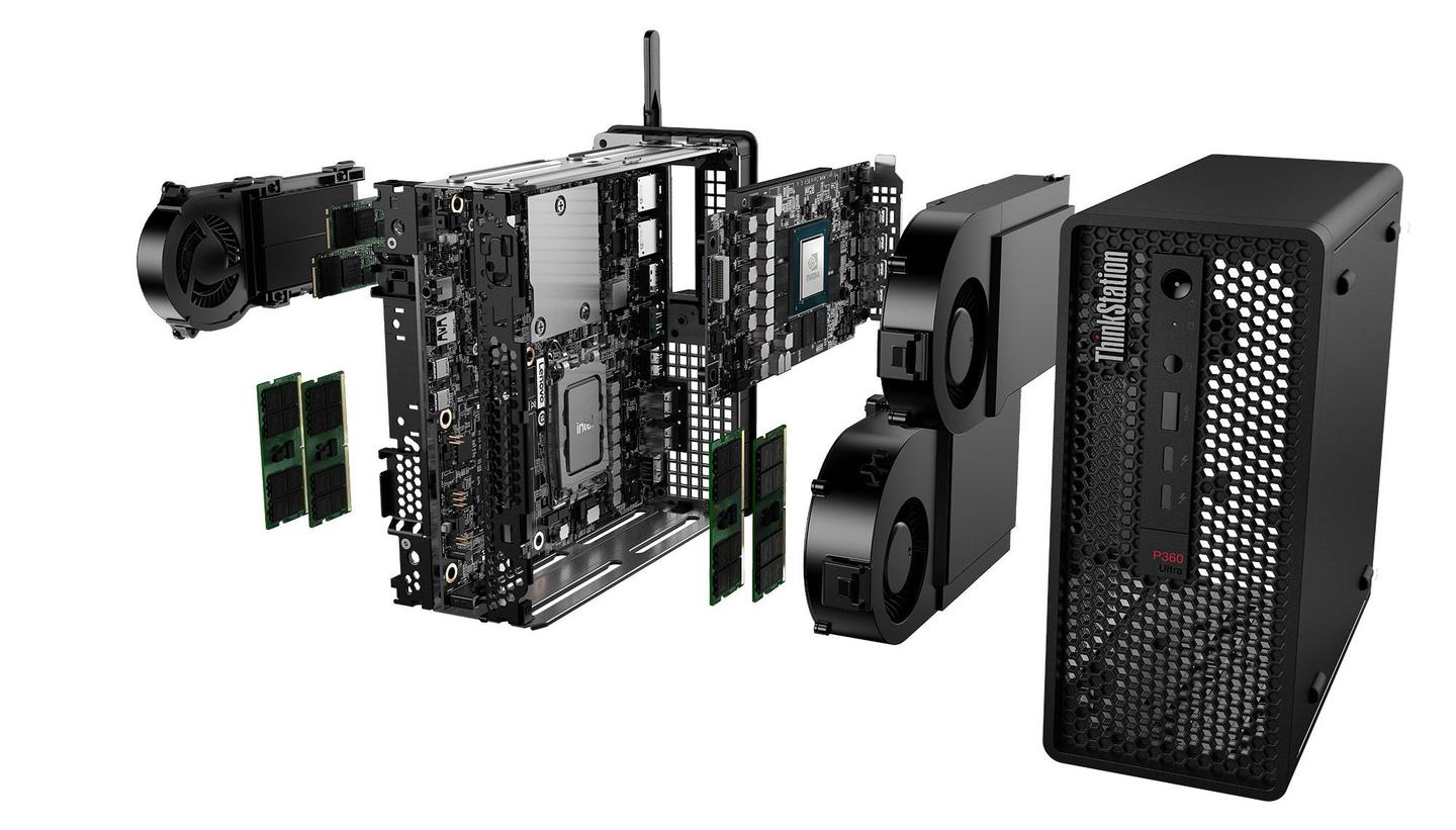 Lenovo has positioned the ThinkStation P360 Ultra's dual-sided motherboard in the middle of the 4-liter chassis for improved airflow
