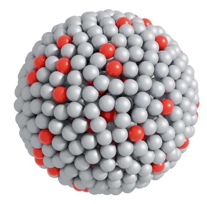 An atomic model of the liquid metal catalyst – red balls represent platinum atoms, while gray balls are gallium