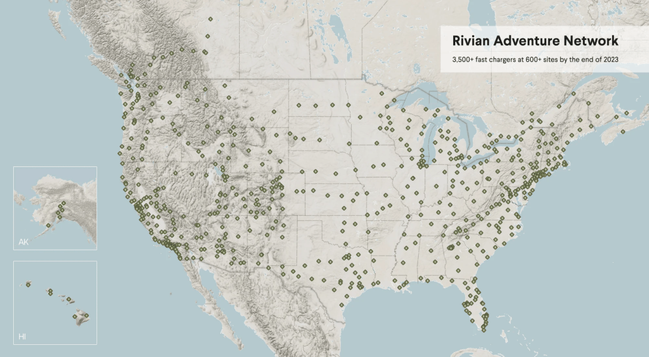 A map depicting locations for the Rivian Adventure Network of EV chargers