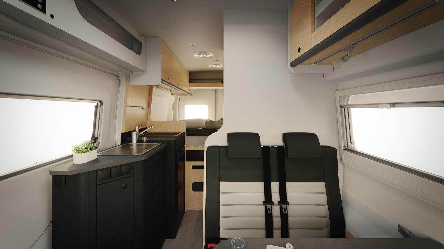 The tapered kitchen is meant to open up more room in the entryway and front camper area