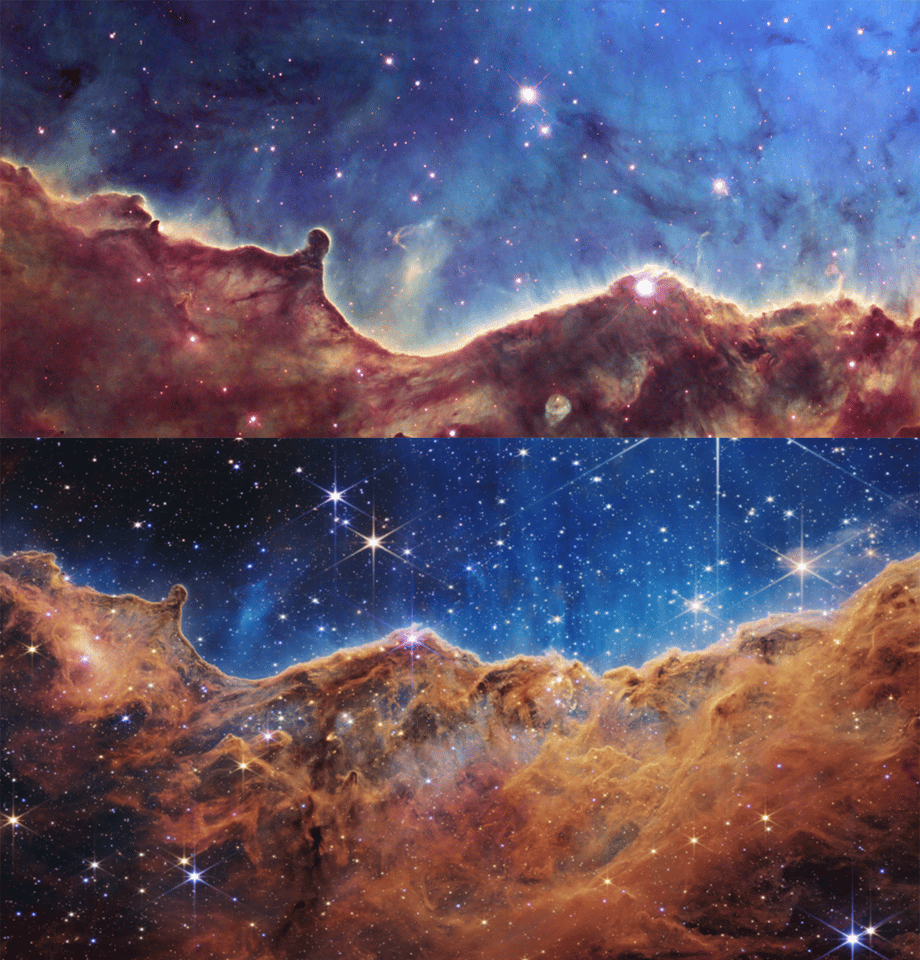 Two views of the Carina Nebula - Hubble on the top, James Webb on the bottom