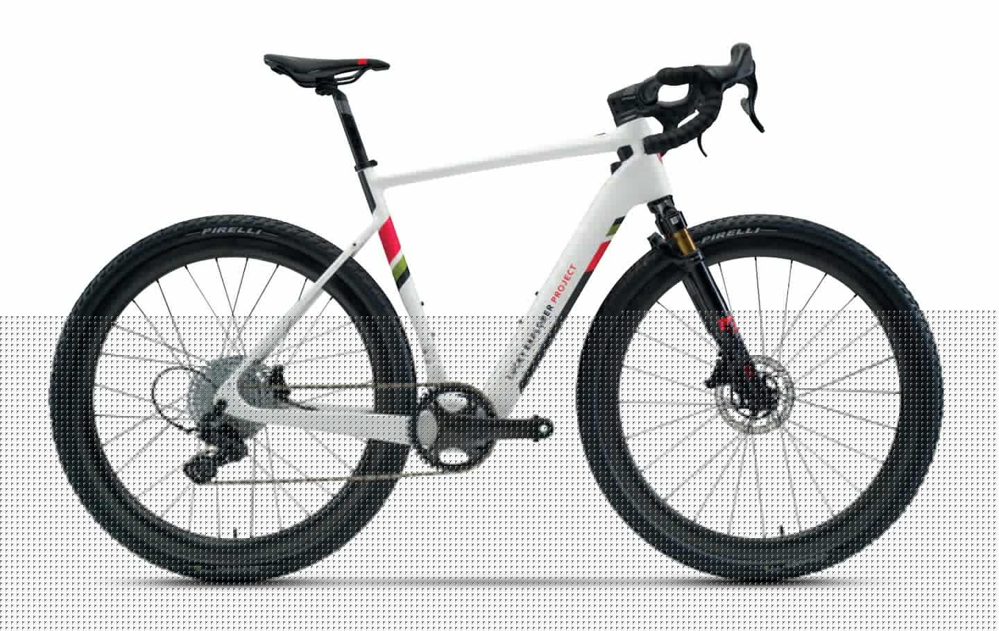 Designed for riding "strade bianche" (white gravel roads), the E-Gravel ebike weighs in at 13.4 kg thanks to a carbon frame, is powered by a Mahle hub motor and features Camagnolo Ekar components