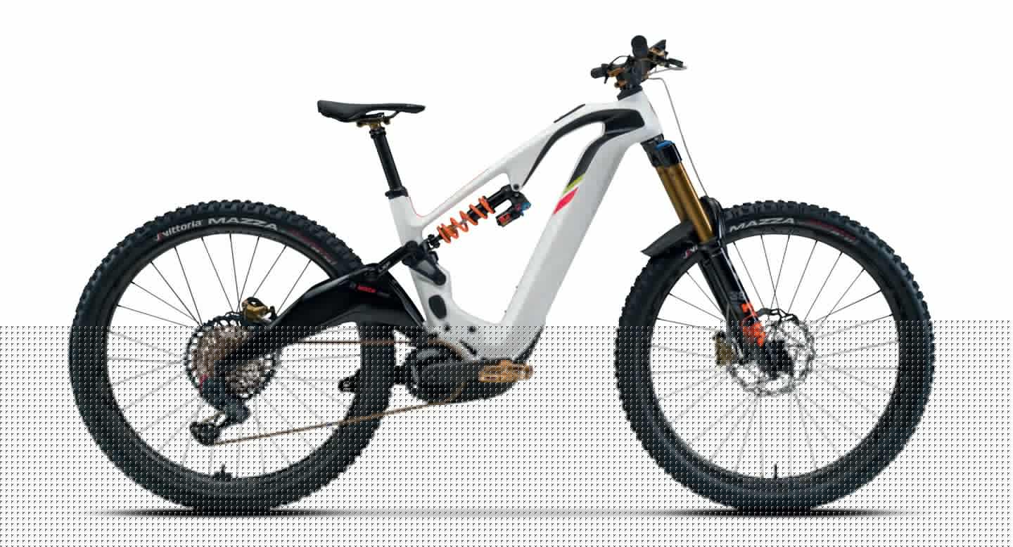 The full-suspension E-Enduro features a carbon frame wearing Lucky Explorer livery, and offers pedal-assist power courtesy of Bosch