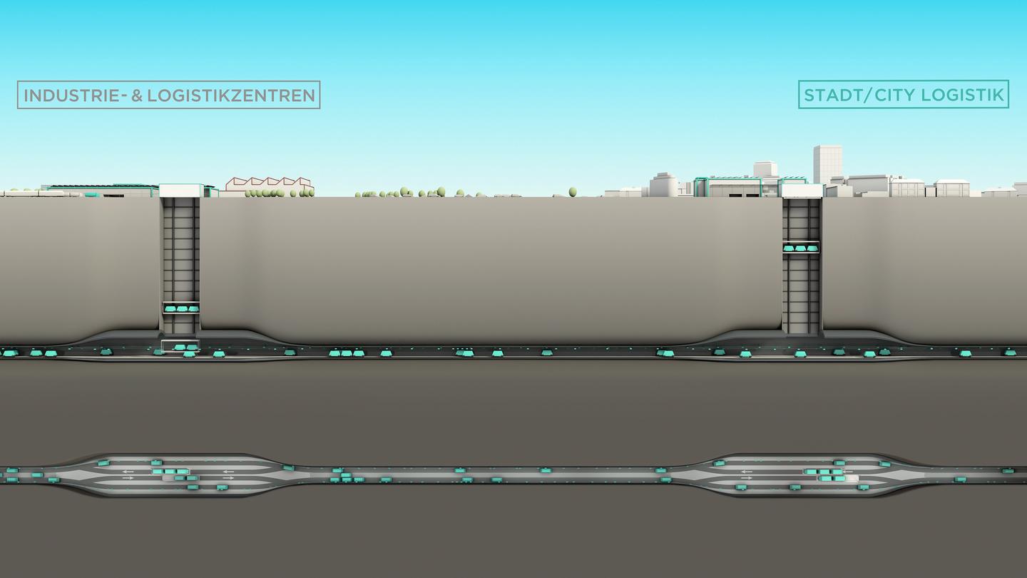 Elevators will lift and lower the pods between above-ground logistics hubs and the underground tunnels