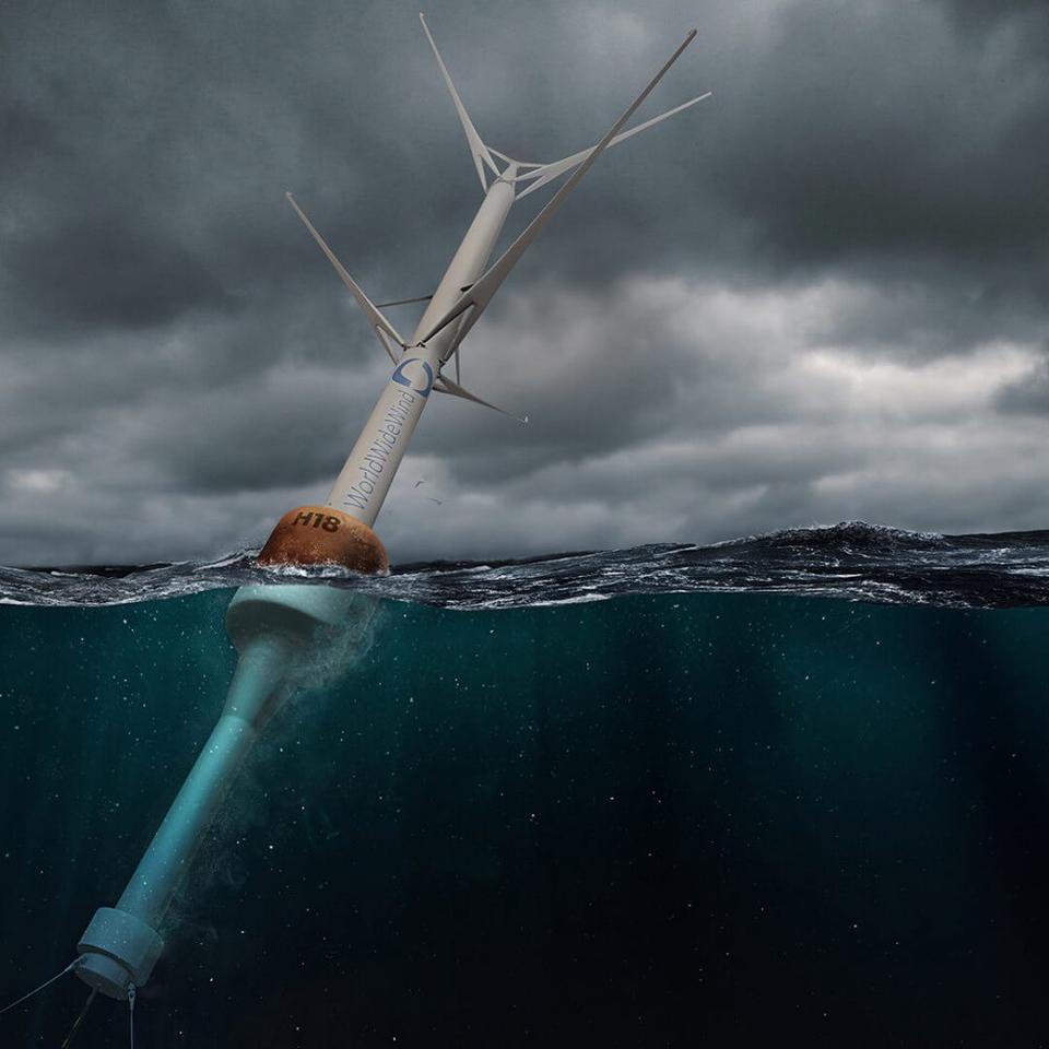 WWW claims its bottom-heavy, tilting, contra-rotating coaxial turbines solve offshore wind's scale limitations, and will grow to 400 m high, with a 40 MW capacity