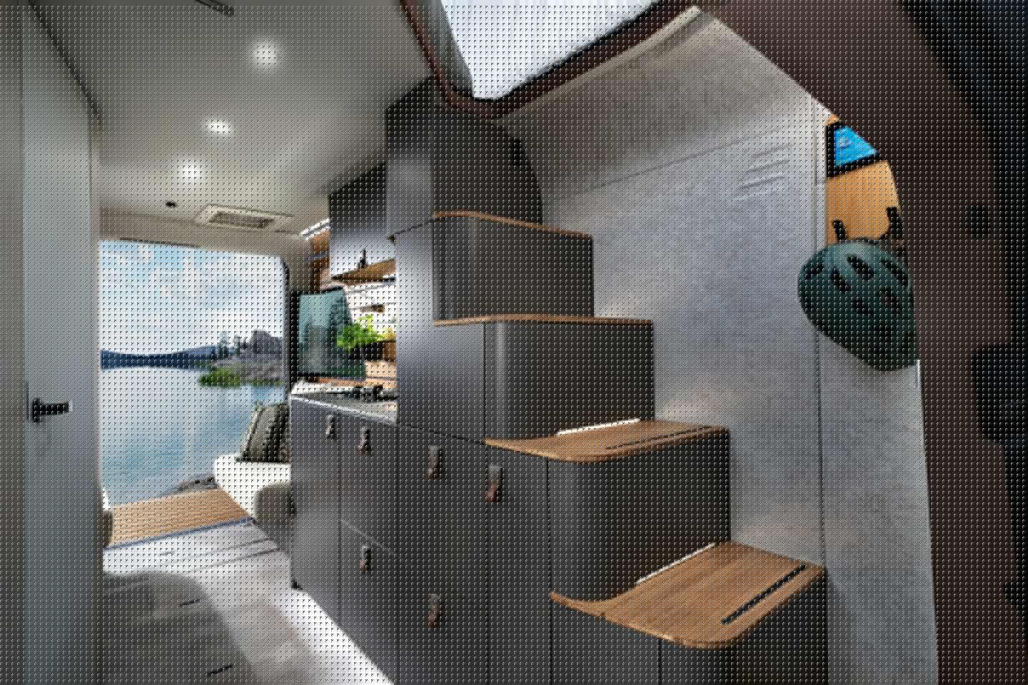 The Venture S' signature staircase replaces the usual ladder and includes integrated lighting and under-tread storage