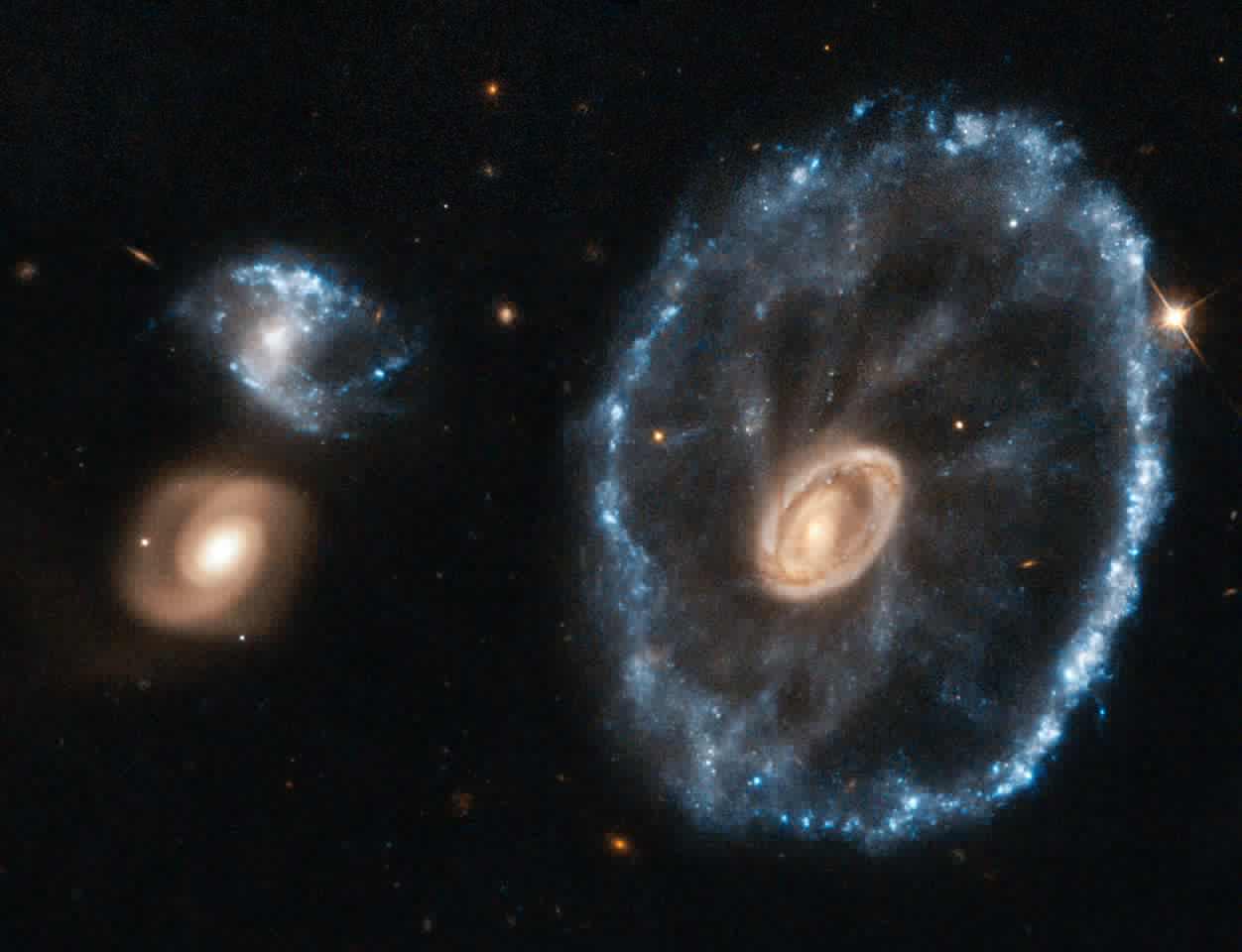 An image of the Cartwheel Galaxy taken with the Hubble Space Telescope