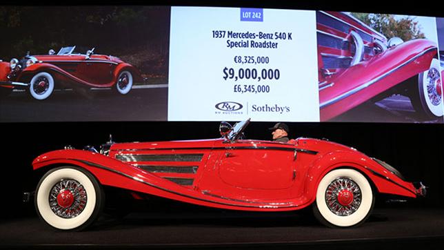 The 1937 Mercedes-Benz 540 K Special Roadster that fetched $9.9 million (the $9 million seen in the image plus 10 percent buyer's premium) as it crossed the auction block in January 2016, setting a new record as the most valuable automobile ever sold in Arizona auction week history. The monumental size of the 540 K Special Roadster plus the long valenced art deco curves, give it a presence like no other automobile.