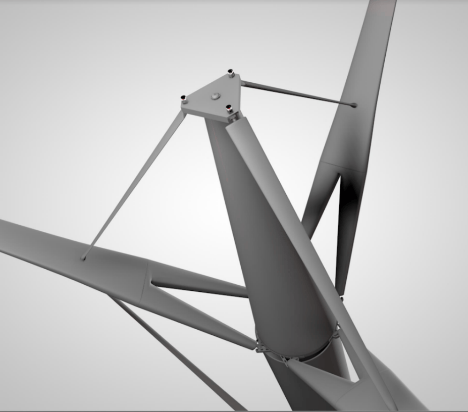 Blade support struts have an aerodynamic function as well, providing some lift while directing the wake downward