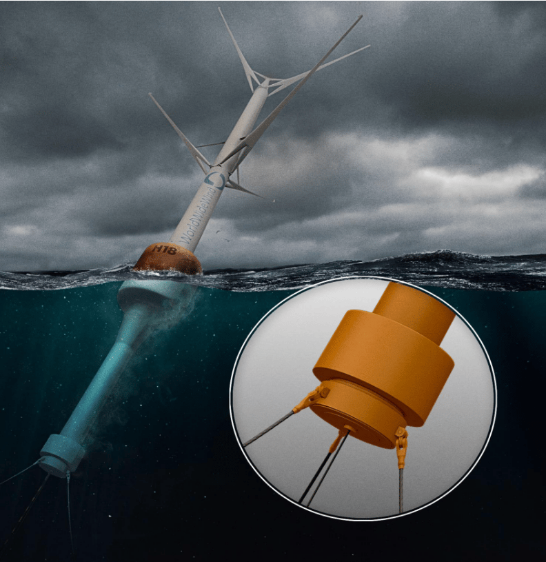 The entire tower rotates below the float near where the power cable exits