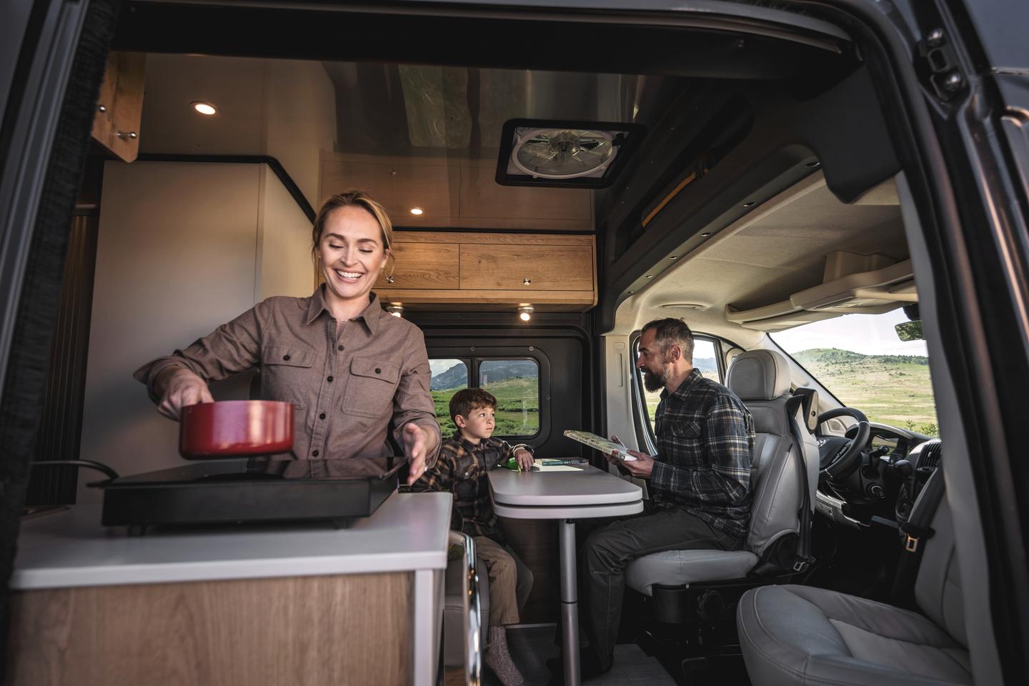 Airstream leaves the LPG tank at the hardware store, running appliances like the stowable induction cooktop off the 270-Ah lithium battery