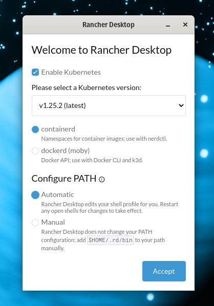 The Rancher Desktop first-run setup tool.