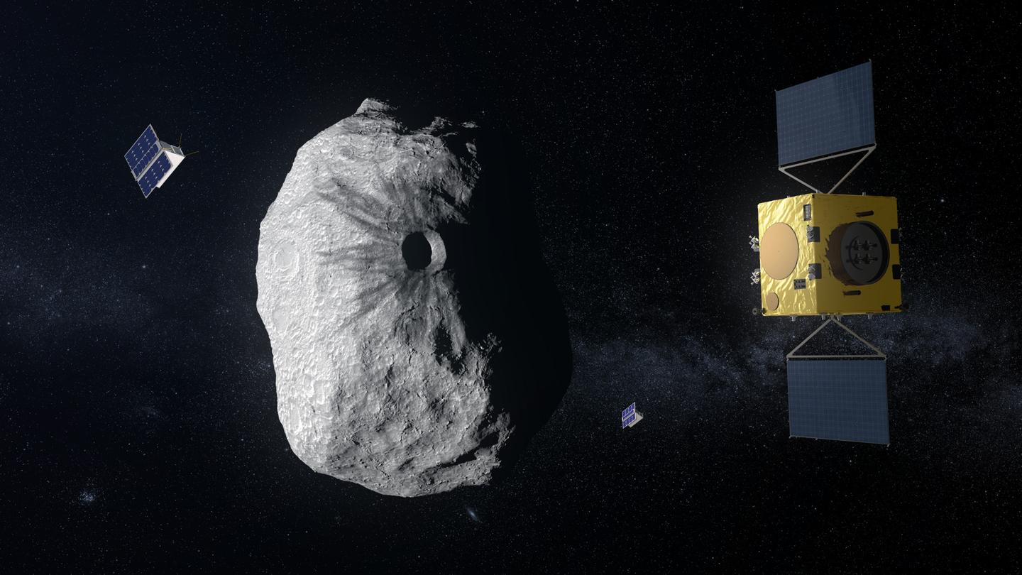 The Hera probe monitors the Didymos asteroid system in this artist's impression