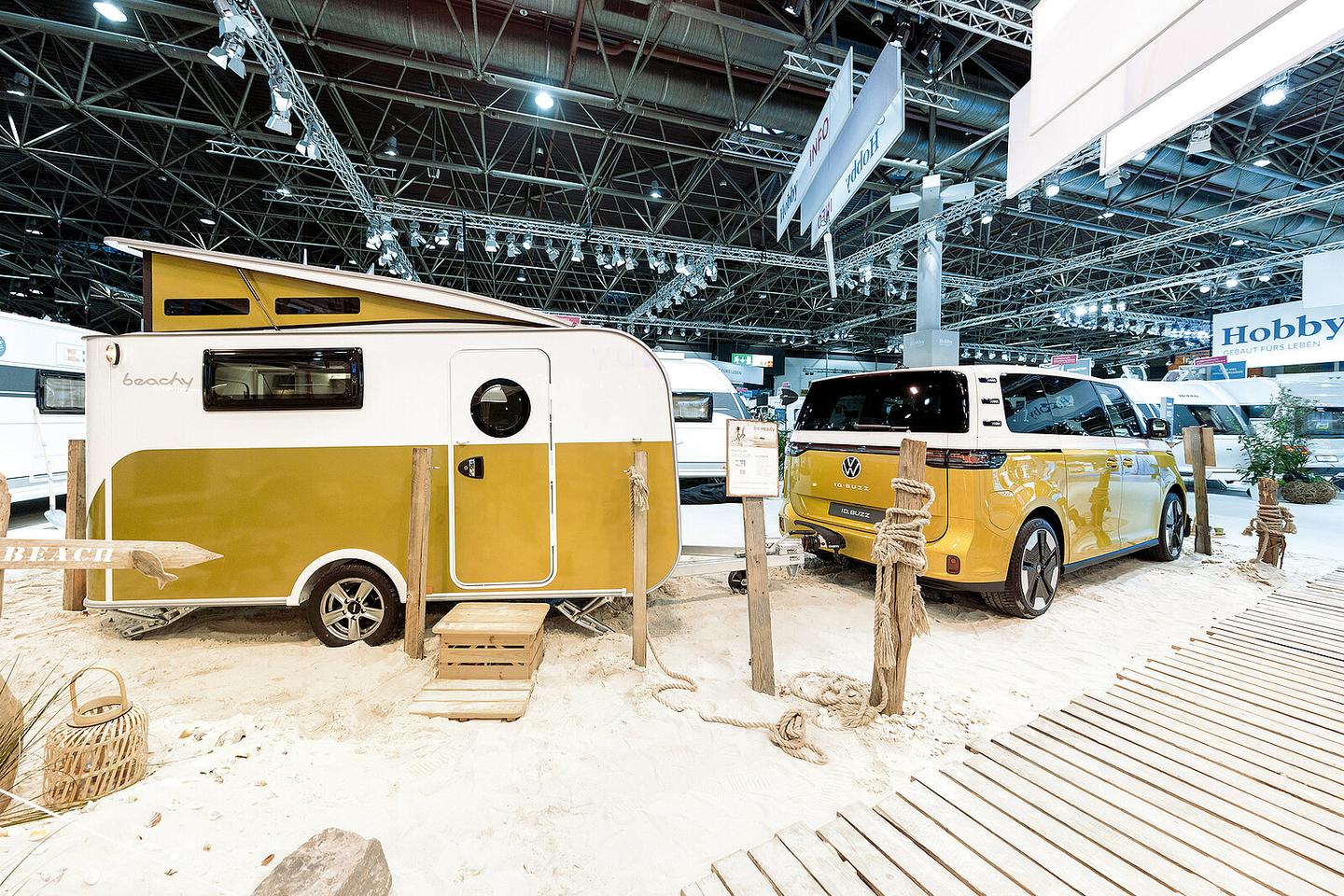 The ID. Buzz does some of its first towing at the 2022 Caravan Salon