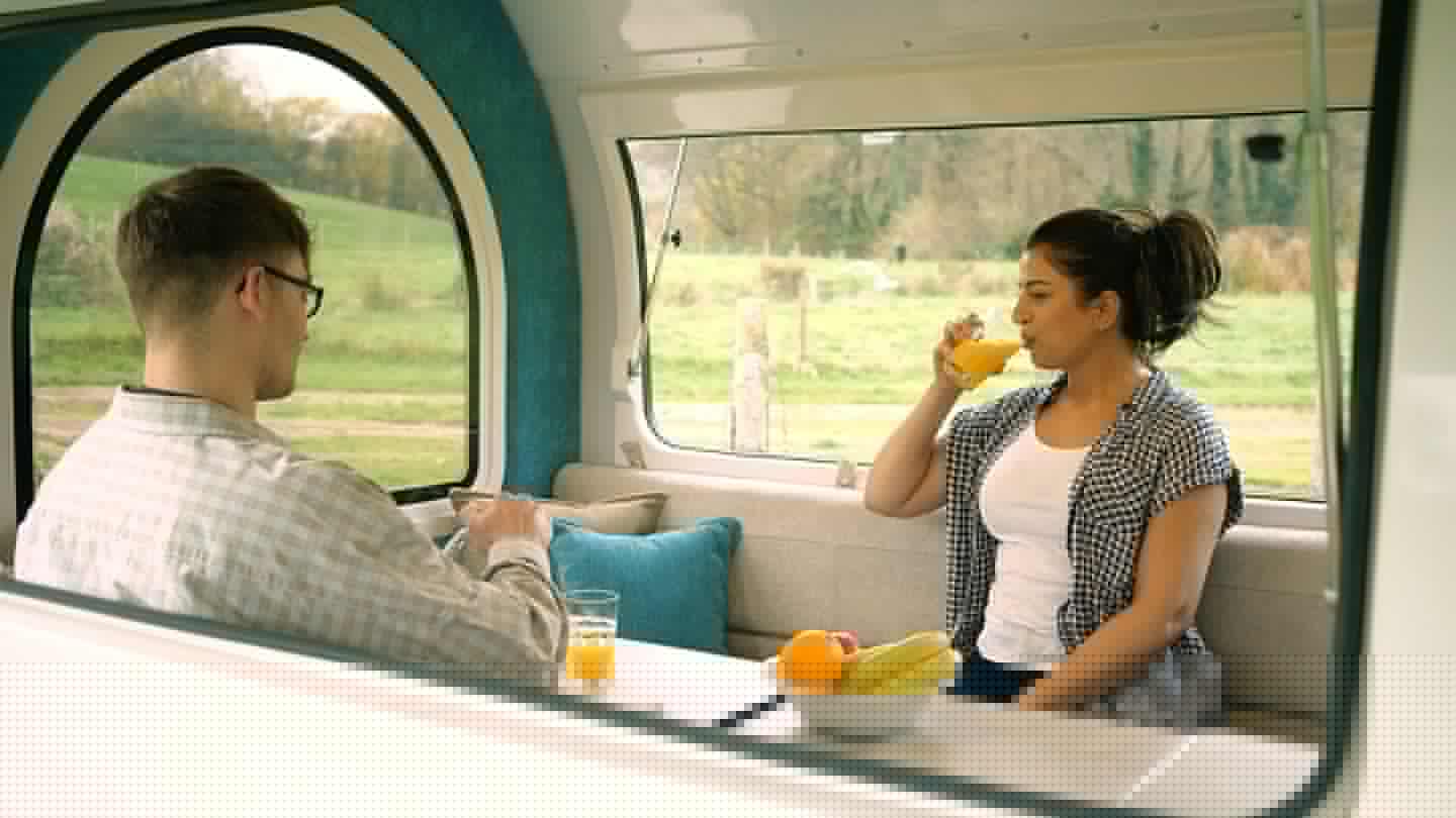 The four-seat dining area converts over into the Campod's double bed