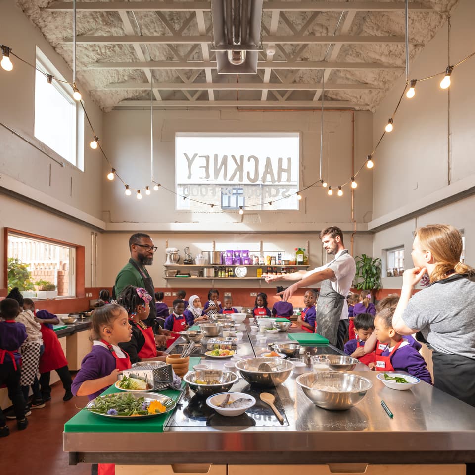 The Hackney School of Food's interior measures 59 sq m (635 sq ft). The project involved the upper floor of the former house being removed to open up the space