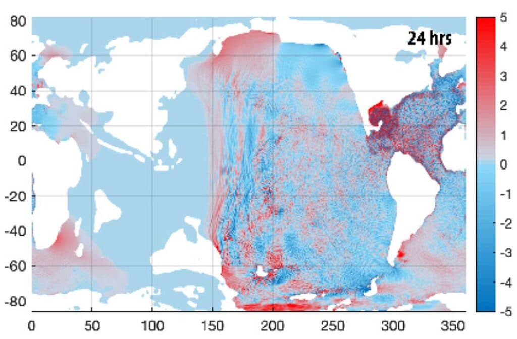 An image from one of the simulations, highlighting the differences in wave height as the tsunami spread around the world after the impact