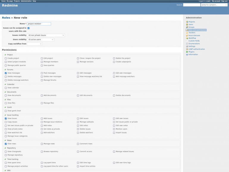 Customize a new role for Redmine.