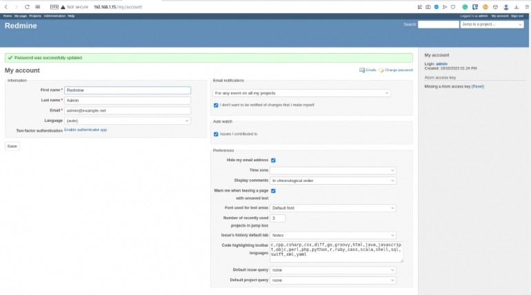 Customizing a user account in Redmine.