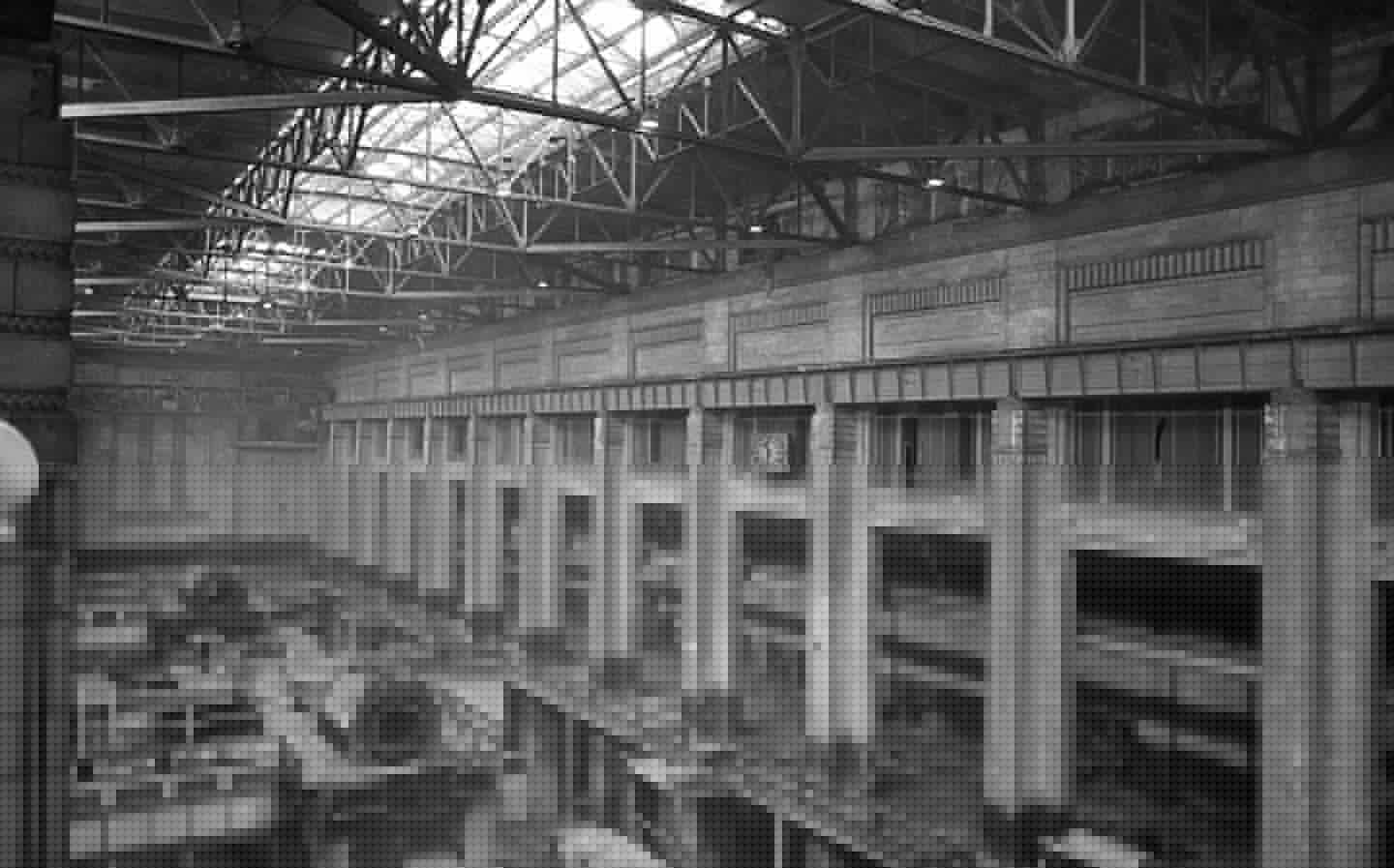 Historic photo showing the original interior of Battersea Power Station's Turbine Hall A as it looked in its heyday
