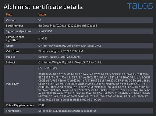 Alchimist self-signed certificate without any server name. 