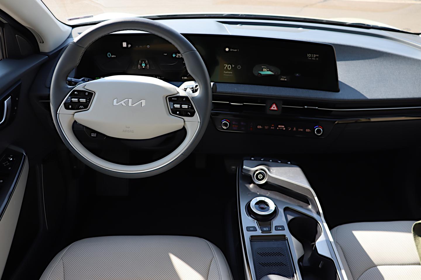 The EV6's driver controls are obvious and easy to use. What appears to be one long screen on the dash is actually two screens, one for the driver's instrument cluster and the other for infotainment