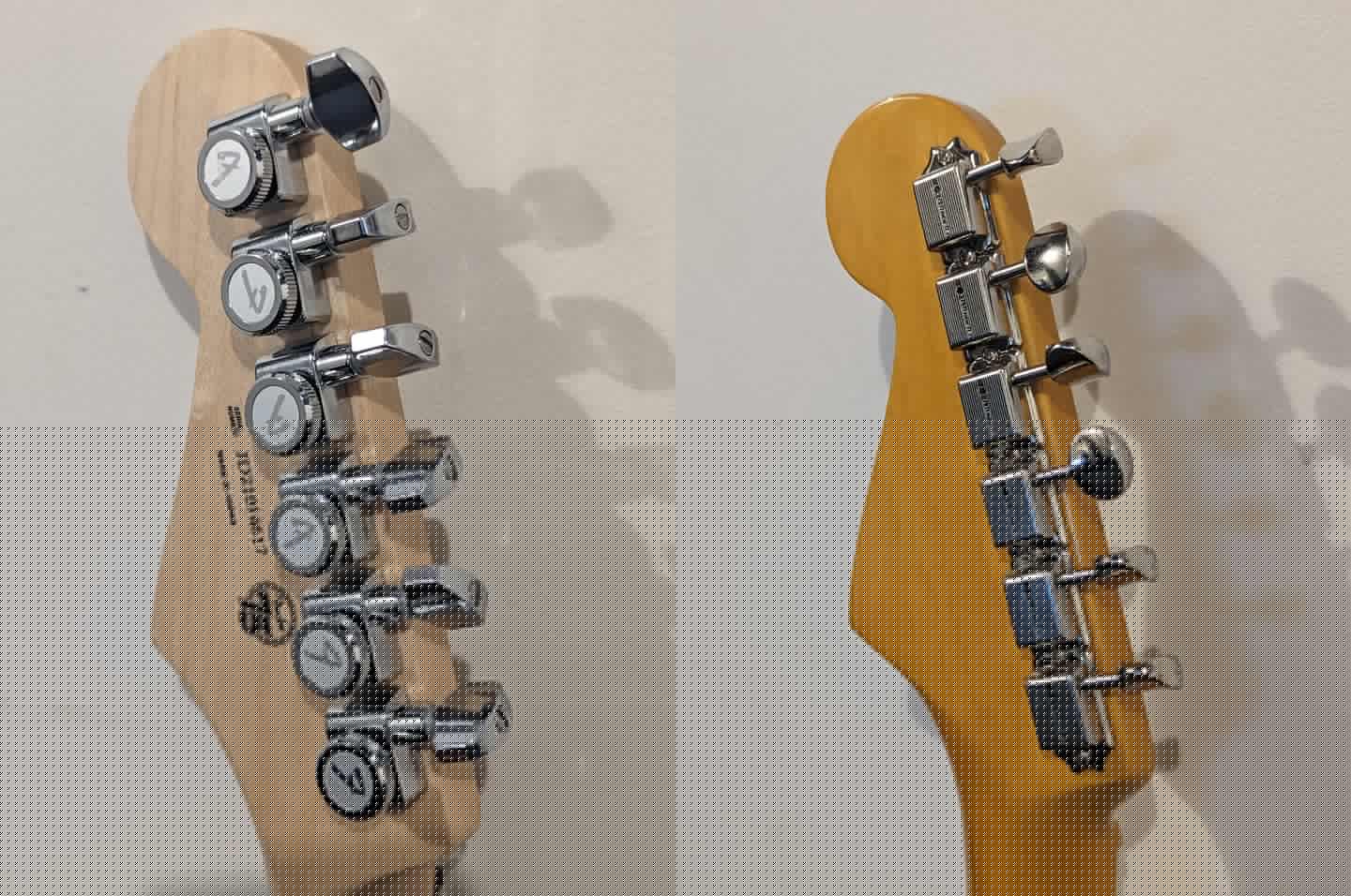 Locking tuners on the modern strat, left, are a bonus, but the old ones look great and both work just fine