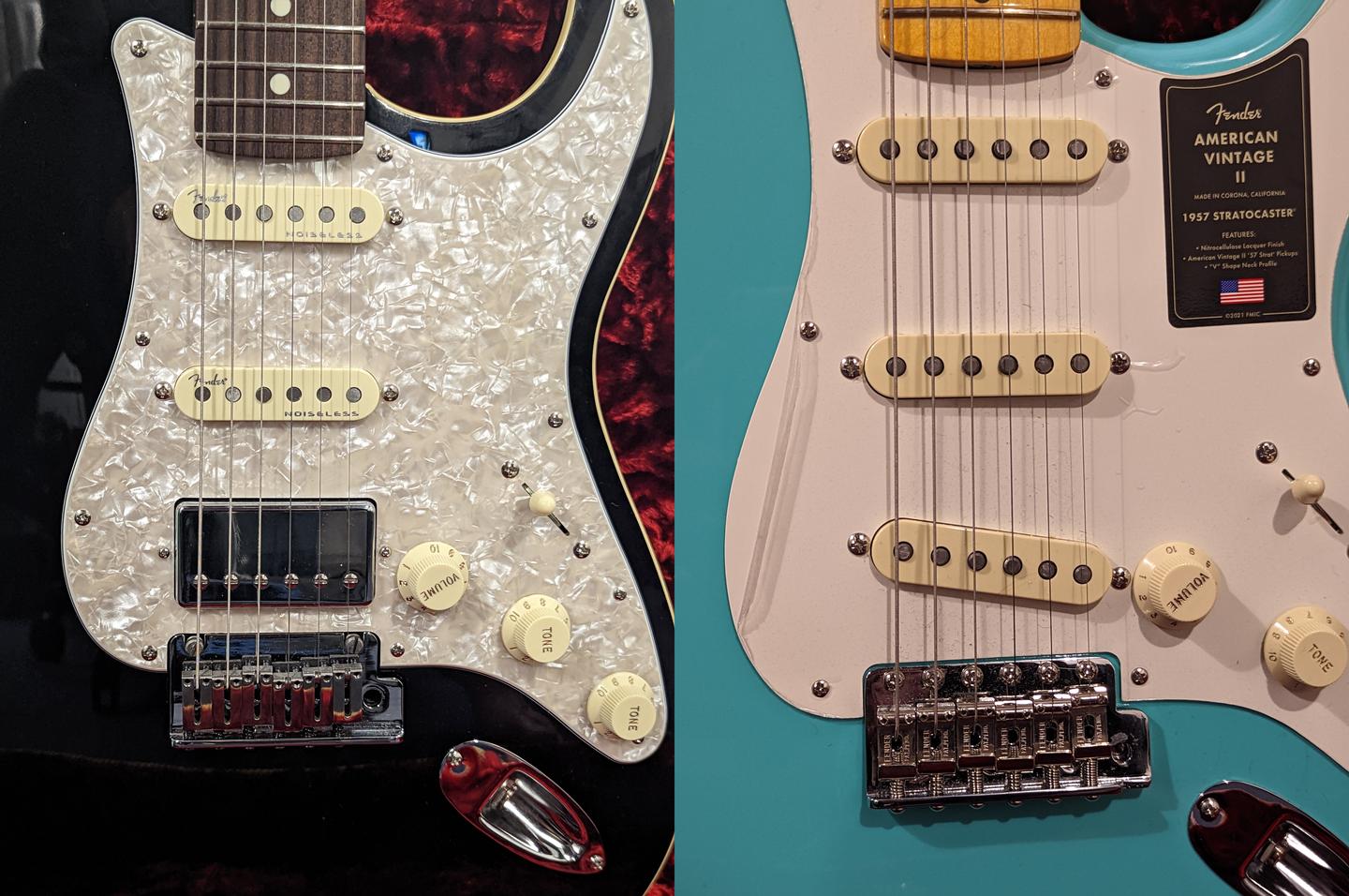 Gen IV noiseless single coils and a humbucker on the Modern guitar vs three vintage single-coils on the 57 Strat
