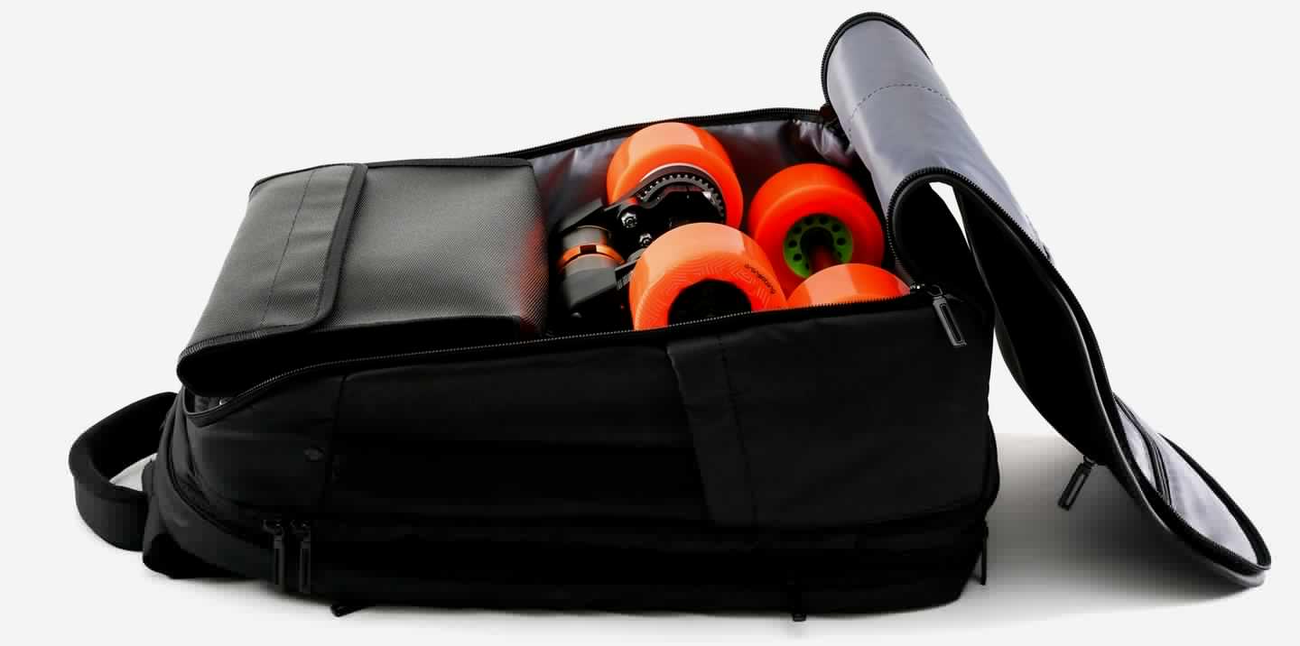 The Traveler Board, stuffed into its backpack