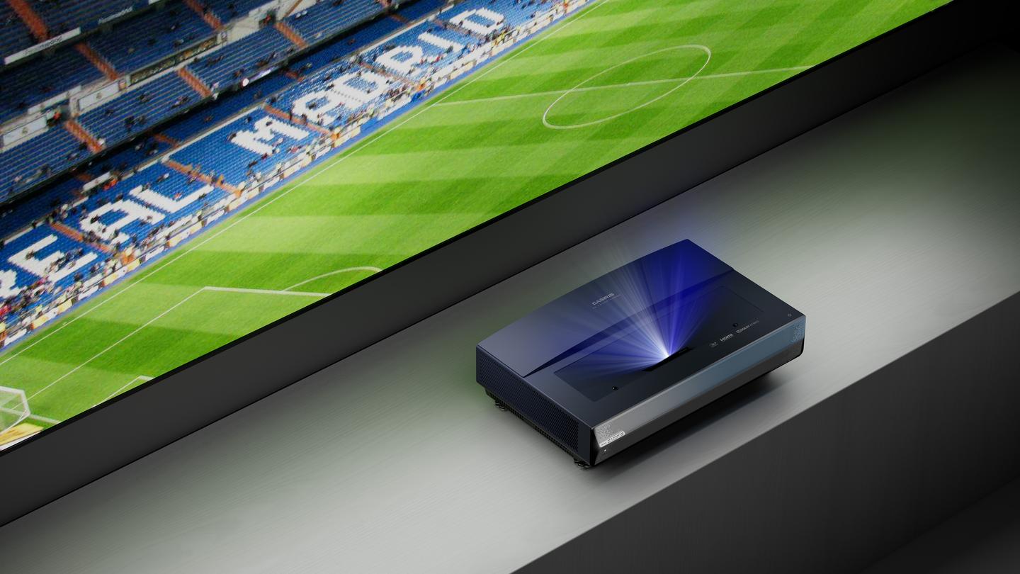 The Casiris A6 4K UST projector can be optioned with an ambient-light-rejecting screen for lights-on viewing