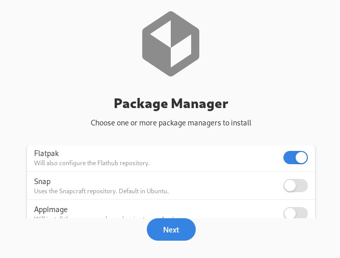 Selecting the package manager for Vanilla OS.