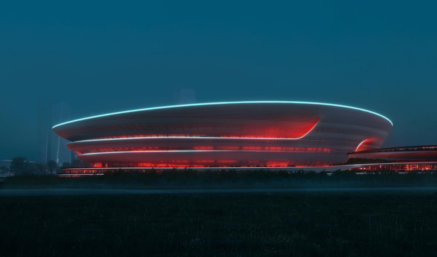 The Hangzhou International Sports Centre's louvered facade will lend it a stunning appearance when illuminated at night