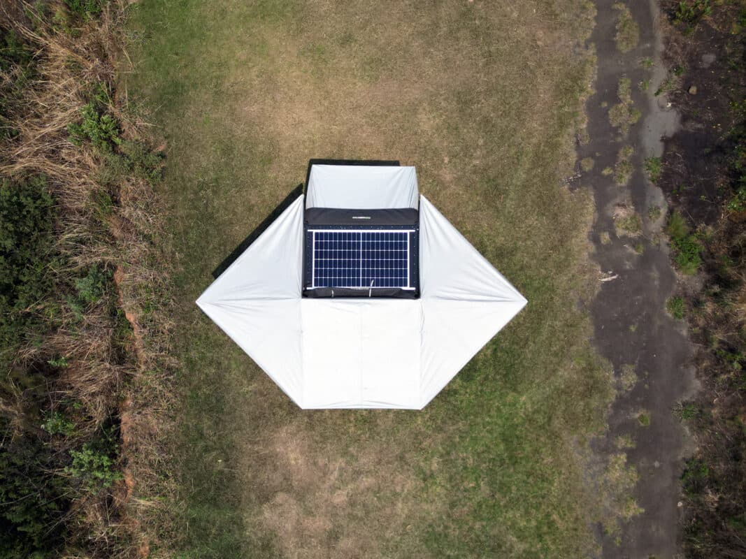 View from above of how the 360-degree awning wraps three sides and meets the annex tent