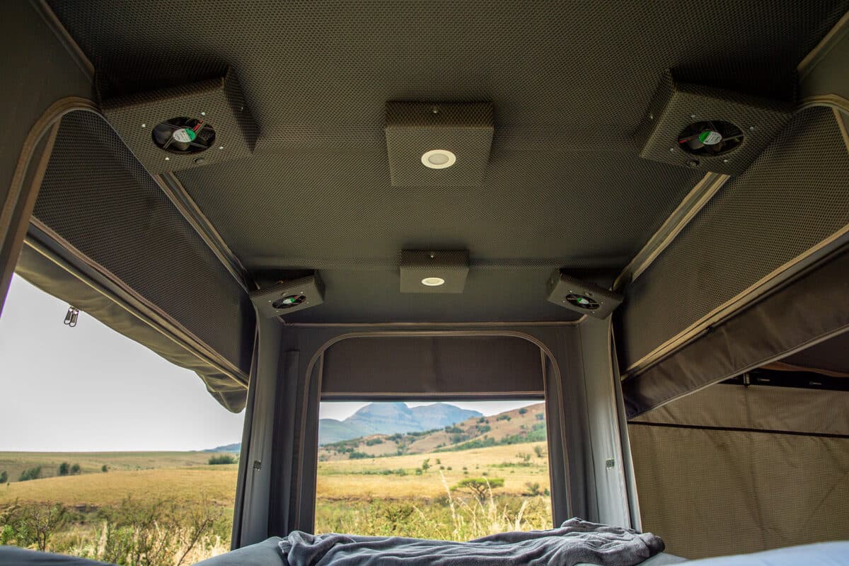 The pop-up roof tent stays comfy with its vertically walled design, large windows and interior fan system