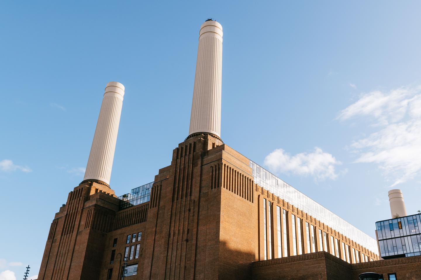 Lift 109 is inserted into one of Battersea Power Station's four iconic chimneys, which were recently rebuilt using traditional techniques