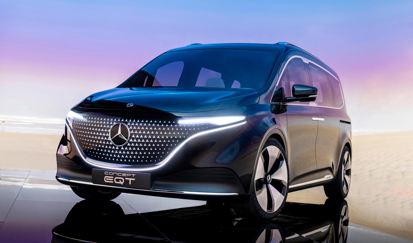 The 2021 Concept EQT shows the EQ front styling treatment with sweeping LED light signature and star-pattern center panel