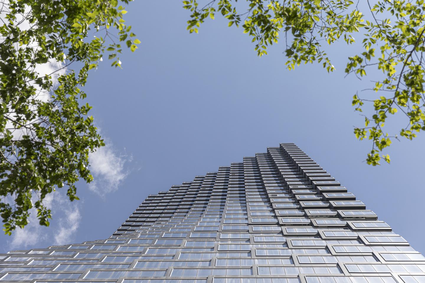 The Telus Sky Tower's pixelated exterior twists as it rises to a maximum height of 222 m (728 ft)