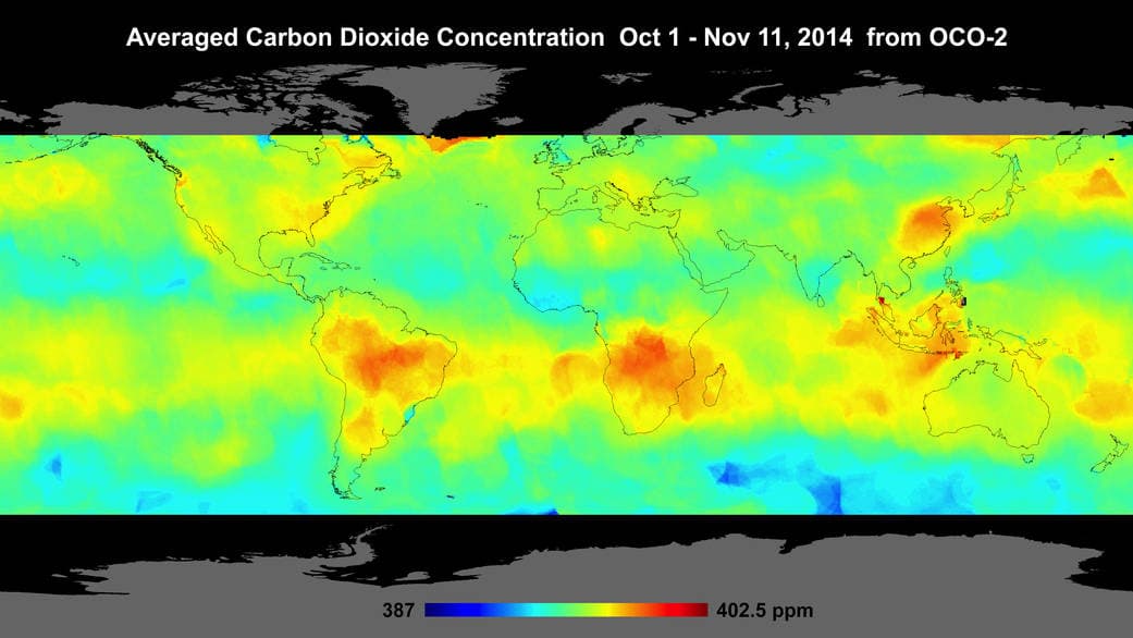 Global map of atmospheric CO2 for a six-week period in 2014, with hotspots seen over Brazil and southern Africa