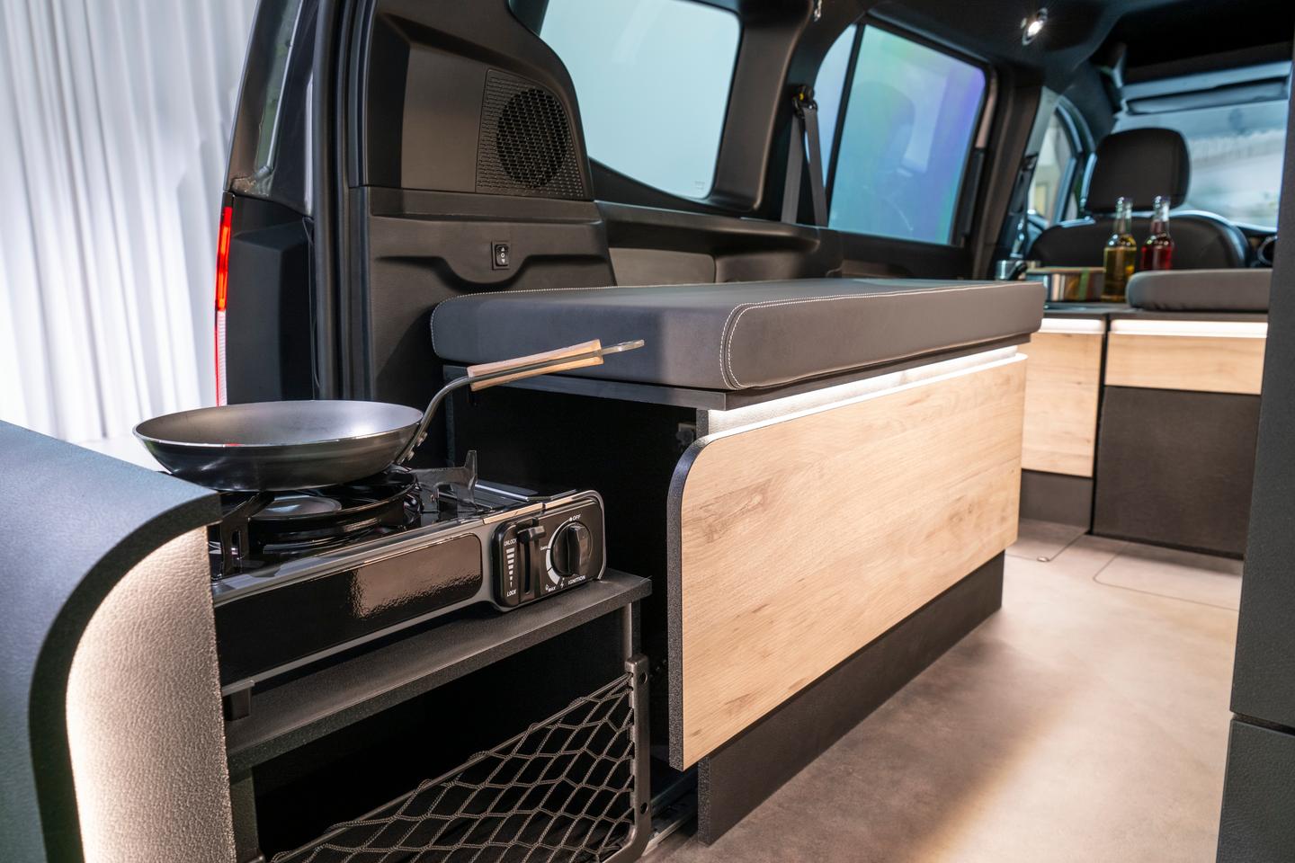 Mercedes-Benz Concept EQT Marco Polo chefs can cook outside on the portable gas stove, too